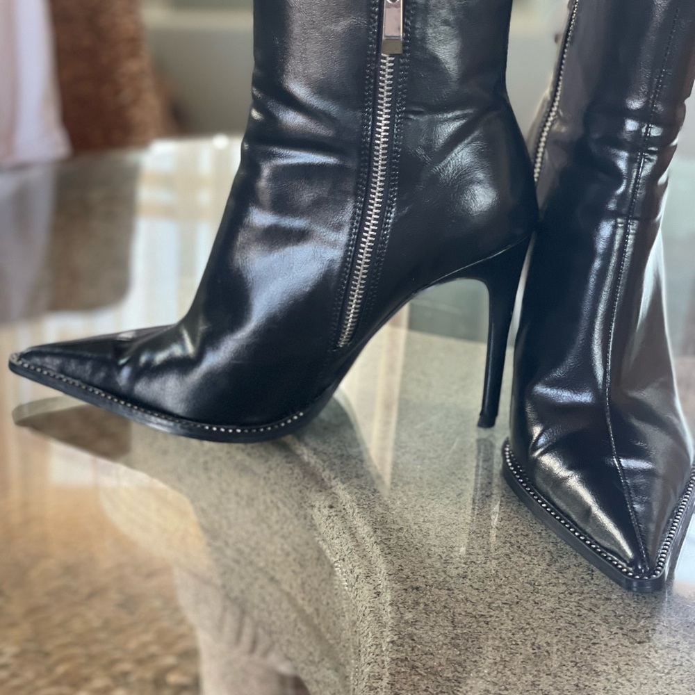 Zara Black Leather Ankle Boots with Stiletto Heel